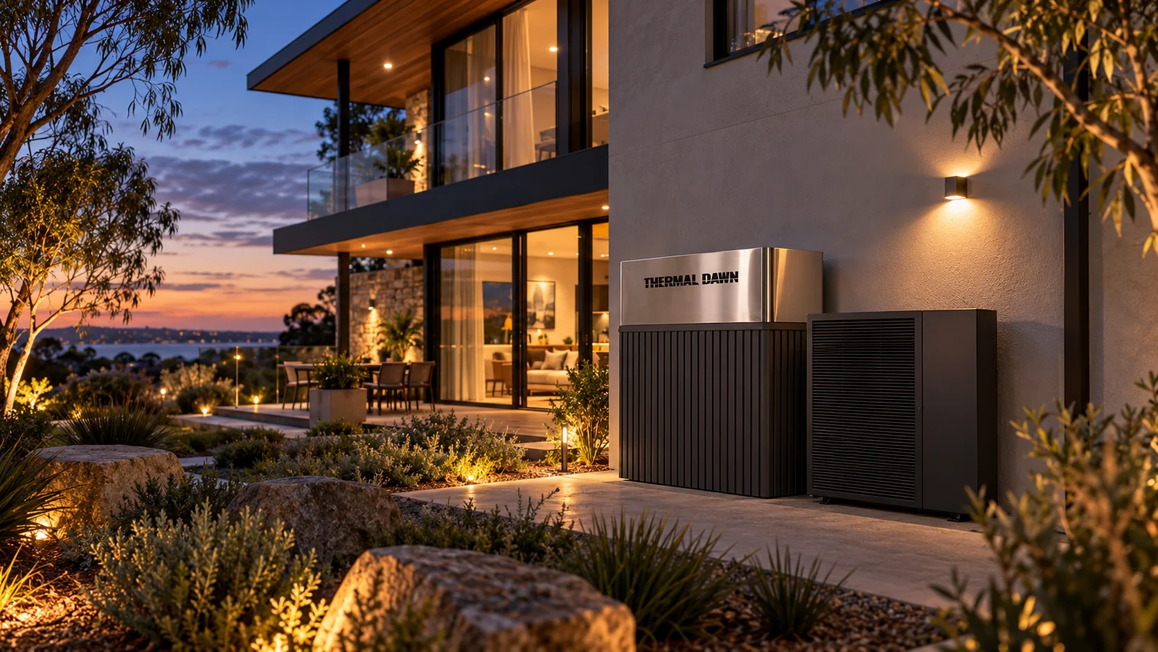 A Thermal Dawn thermal store and heat pump beside a home at dusk